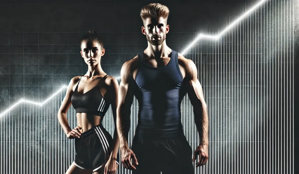 Een gespierde man en vrouw in sportkleding met een exponentieel stijgende grafiek op de achtergrond, symbool voor spiermassa groei.